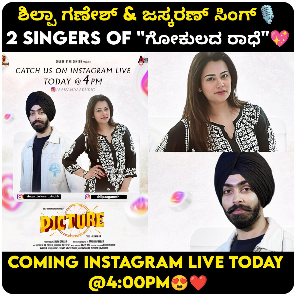 CinimaBeat's tweet photo. 🎶 Melody meets magic today at 4 PM ✨
Catch the Live session with #GokuladaRadhe singers @shilpaaganesh &amp; @singer_jaskaran_singhh on @aanandaaudio 💛

Stay tuned 🔔

@golden_movies_1 @shilpaaganesh @sandeepabedra @amrutha_sudu @nithyaprakash_bantwal @samuel_aby_ https://t.co/8u73aqvZq9