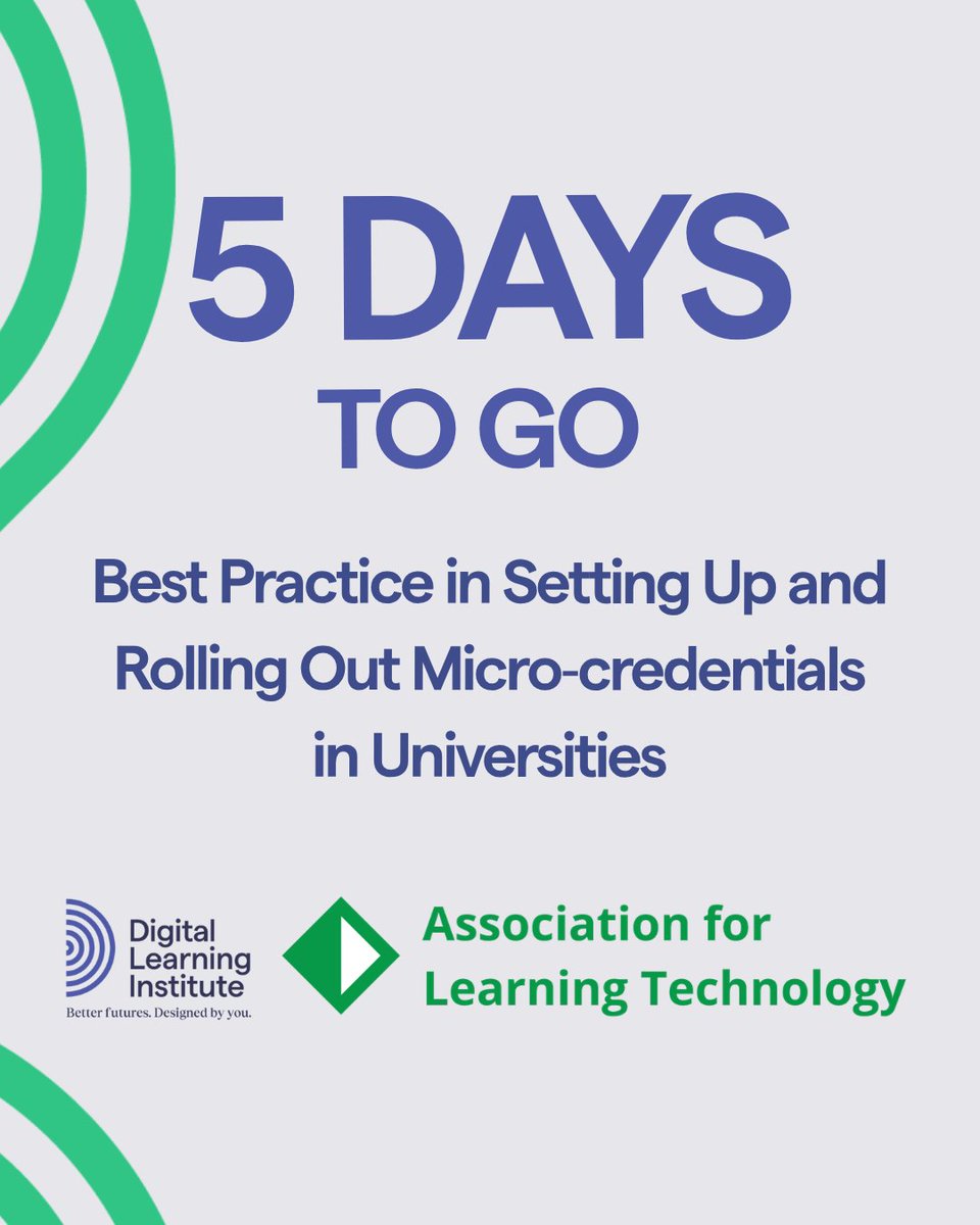 DLInstitute_'s tweet photo. 5 days to go.

Join us for Best Practice in Setting Up and Rolling Out Micro-credentials in Universities, in collaboration with ALT.

📅 Tuesday
🎟️ Register now
https://t.co/eSjjCATgxx https://t.co/gVDrdwp2pf