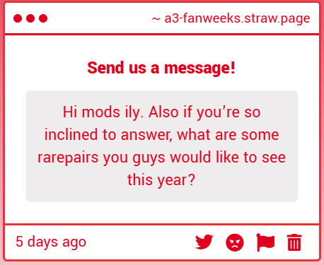 a3fanweeks's tweet photo. Aww, we love you too anon! <3 (sorry it took 5 days to see your question)

I (Skye) would love to see some more Kazunari ships outside of what we usually get (shakes can spare bankazu anyone...), and Appy's a biiiig chikatasu fan but would love to see more Guy ships this year! https://t.co/VOA187GMlo