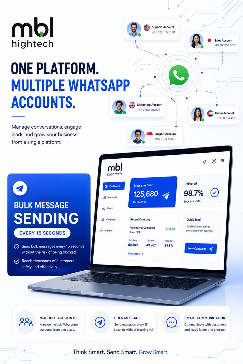 Mblhightech's tweet photo. One Platform. Multiple WhatsApp Accounts. 🚀

With MBL HighTech Chat Platform, your team can:
✔ Control multiple WhatsApp accounts simultaneously
��� Send bulk messages every 15 seconds
✔ Reach customers worldwide
#MBLHighTech #ChatPlatform #WhatsAppMarketing https://t.co/PuUN1NlGJL