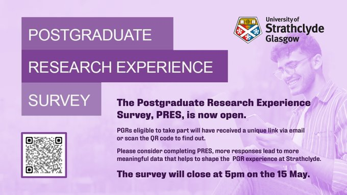 StrathRDP's tweet photo. PRES - One day to go! PGRs will have received a unique link via email, or scan the QR code. Can we beat 2024 results, more responses lead to more meaningful data that helps shape the PGR experience at
@UniStrathclyde, PRES won't return until 2028, don't delay, have your say today https://t.co/pONaIKWjpq