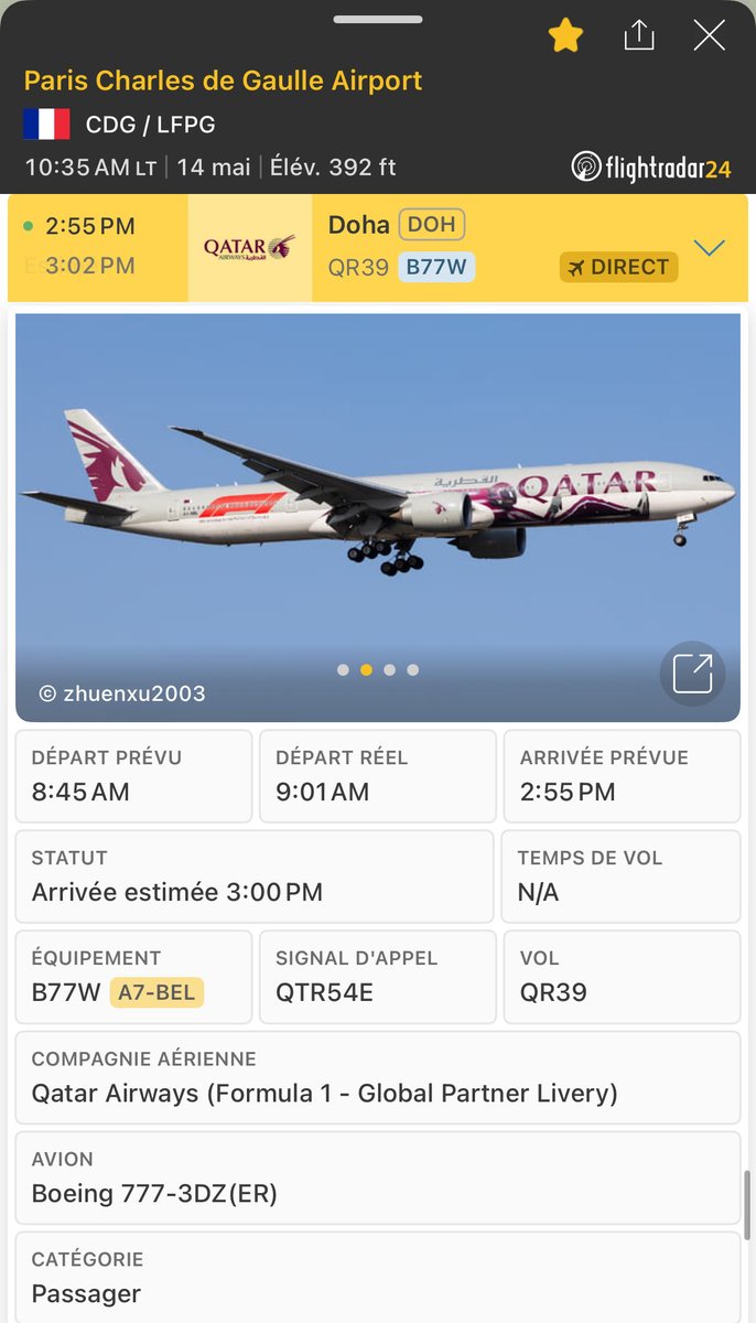 astecspotter's tweet photo. 🚨 SPECIAL LIVERY ALERT 🚨
The Formula 1 - Global Partner livery is landing in Paris! 🏎️🏁
The Qatar Airways Boeing 777-300ER is arriving at CDG.
🆔 Reg: A7-BEL
🛫 Arrival: estimated around 03:00 PM
#avgeek #spotting #CDG #QatarAirways #F1 @ParisAeroport @Flightradar24 https://t.co/pYRhhJS0QQ
