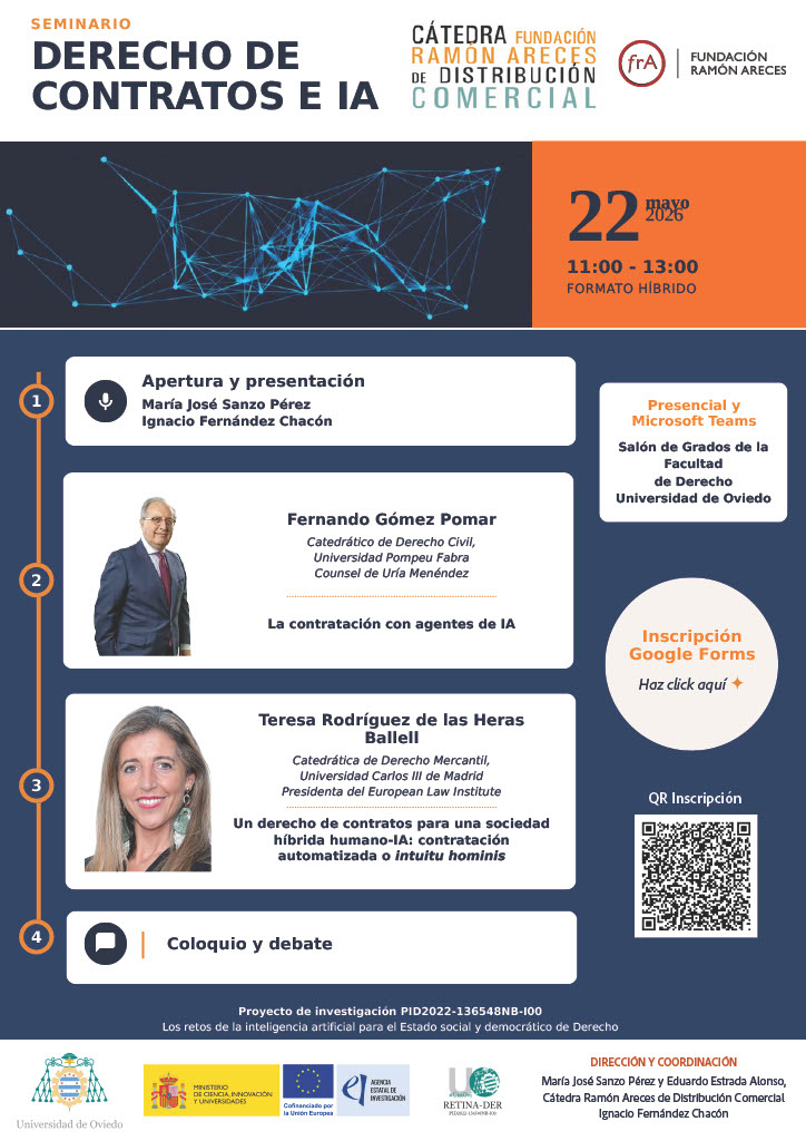 Retinader's tweet photo. Seminario sobre Derecho de contratos e inteligencia artificial, viernes 22 de mayo en el Salón de Grados de la Facultad de Derecho de la Universidad de Oviedo, @Ignacio81546619 https://t.co/Q3jYTmQhlQ
