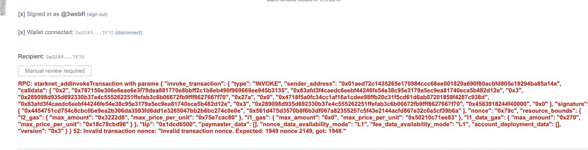 3webfii's tweet photo. @Starknet when issue resolved, cant claim https://t.co/w5QAF6UkUo