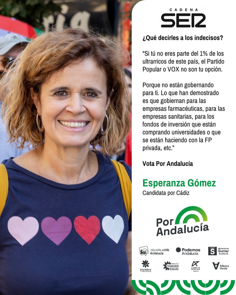 GC_Esperanza's tweet photo. Quedan 4 días para las #EleccionesAndalucía

Si hablas con las personas que han esperado con ansiedad el resultado de una prueba médica, que no pueden permitirse una vivienda digna, que necesitan los servicios públicos... cambiamos el guion de Andalucía 🙏

#PorAndalucía 💚 https://t.co/Q9WS7lmTic
