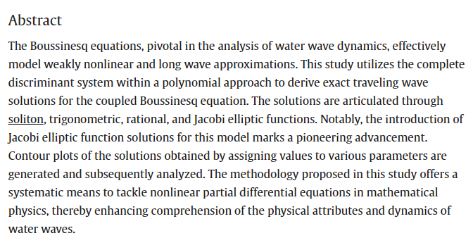 TheorAppMechLet's tweet photo. New exact traveling wave solutions of the coupled Boussinesq equations
Read the article in Theoretical and Applied Mechanics Letters:https://t.co/z5ufoXLBsb https://t.co/FyYgD51xHf