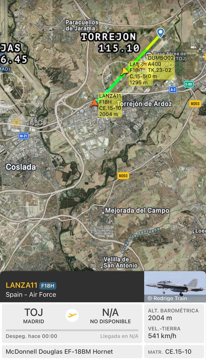 AvistamientosA's tweet photo. 🔴2x McDonnell Douglas EF-18A/B (M)  Hornet (CE.15-10 y C.15-56) del #Ala12 del Ejército del Aire y del Espacio 🇪🇸 “LANZA11” y “LANZA12” pertenecientes al #CLAEX despegando de la base aérea de Torrejón de Ardoz #Madrid #Spain 🇪🇸 https://t.co/vuD5P3oTvK