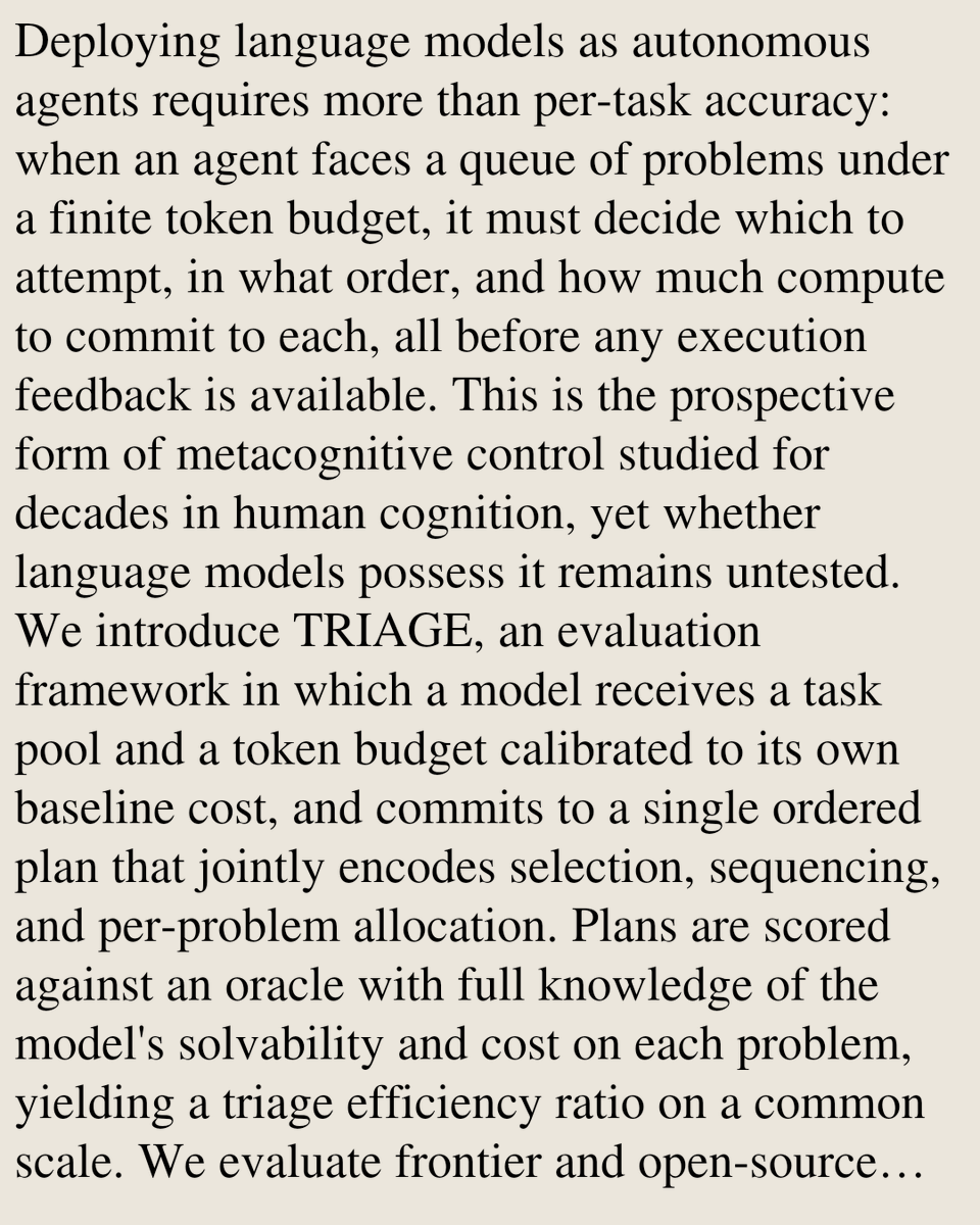 SciFi's tweet photo. TRIAGE: Evaluating Prospective Metacognitive Control in LLMs under Resource Constraints

Zabir Al Nazi, Shubhashis Roy Dipta
https://t.co/aGKpmJ5p5B [𝚌𝚜.𝙰𝙸] https://t.co/AqOztA8Fgd
