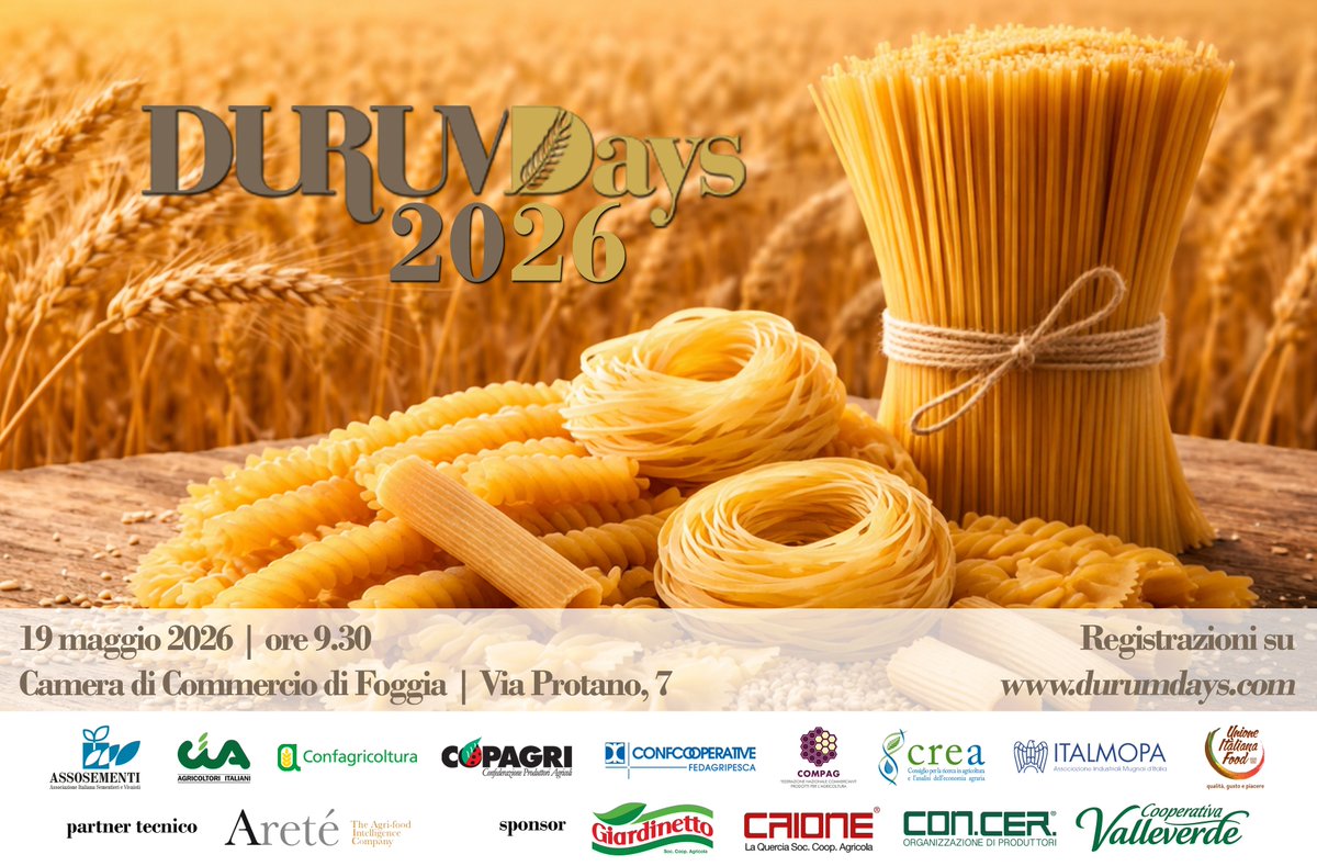 Copagri's tweet photo. #GranoDuro: il 19/05 alla @cciaafoggia appuntamento con i #DurumDays 2026. 

La filiera #grano-#pasta farà il punto sul settore e diffonderà le prime previsioni sulla produzione attesa in Italia e nel mondo.

https://t.co/XfZkigHTY6 https://t.co/DyVD8qgn7R