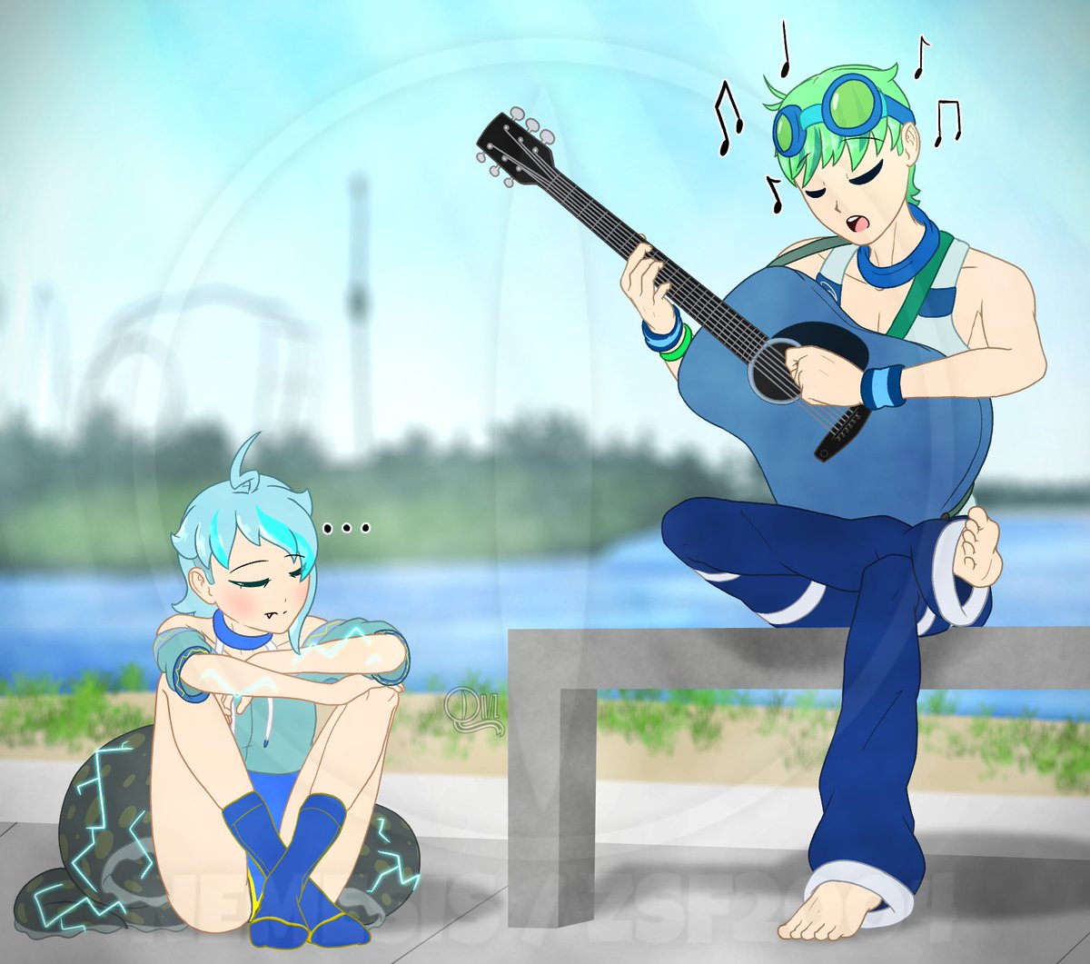 NemeZSF2004's tweet photo. During a visit to San Diego, Infi is playing a song to calm Ellie down after an electric crashout she had, and it seems to be working very well. 🌊🎶⚡
#oc #SeaWorld #ElectricEel #InfinityFalls #NemeArts #Earth1583 https://t.co/IPz0ceXeYN