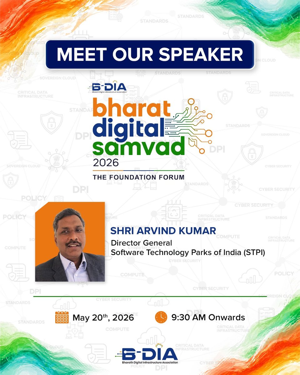 BharatDigi94803's tweet photo. We are pleased to welcome Shri Arvind Kumar, Director General of STPI, as a Speaker at BDIA Bharat Digital Samvad 2026.
@stpiindia @GoI_MeitY @nasscom https://t.co/LTwYuN1q5Q