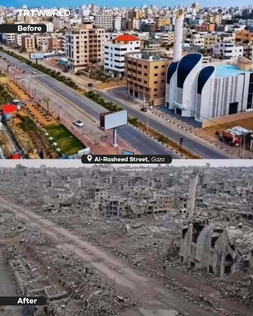 OmarDuule's tweet photo. Gaza. Before and after the US-backed genocide by Israel. https://t.co/bzQ1f3ijiM