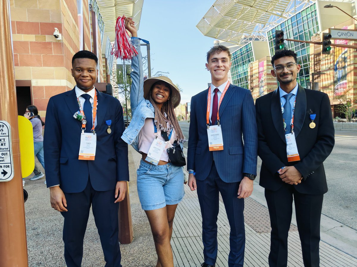 Exposcience's tweet photo. Smiles all around for Team South Africa 🇿🇦 after completing their judging sessions at the Regeneron International Science and Engineering Fair (ISEF) in Phoenix, Arizona, USA.

Representing South Africa on the international stage were:
• Tiro Moyo – Bryanston High School
• Gerhard Vosloo – Parklands College
• Rudra Patel – UJ Academy Maths, Science & ICT School of Specialisation
• Delegation Leader – Katlego Tsogang, Eskom Expo Northern Cape Provincial Coordinator

The young scientists had the opportunity to present their cutting-edge research projects to panels of international judges, proudly showcasing South African innovation and scientific excellence.

We wish Team South Africa continued success throughout the competition.

Read more: https://t.co/iGQp6tKaMw

#DiscoverEskomExpo #RegeneronISEF #TeamSouthAfrica #YoungScientists #STEMeducation @Society4Science @Eskom_SA