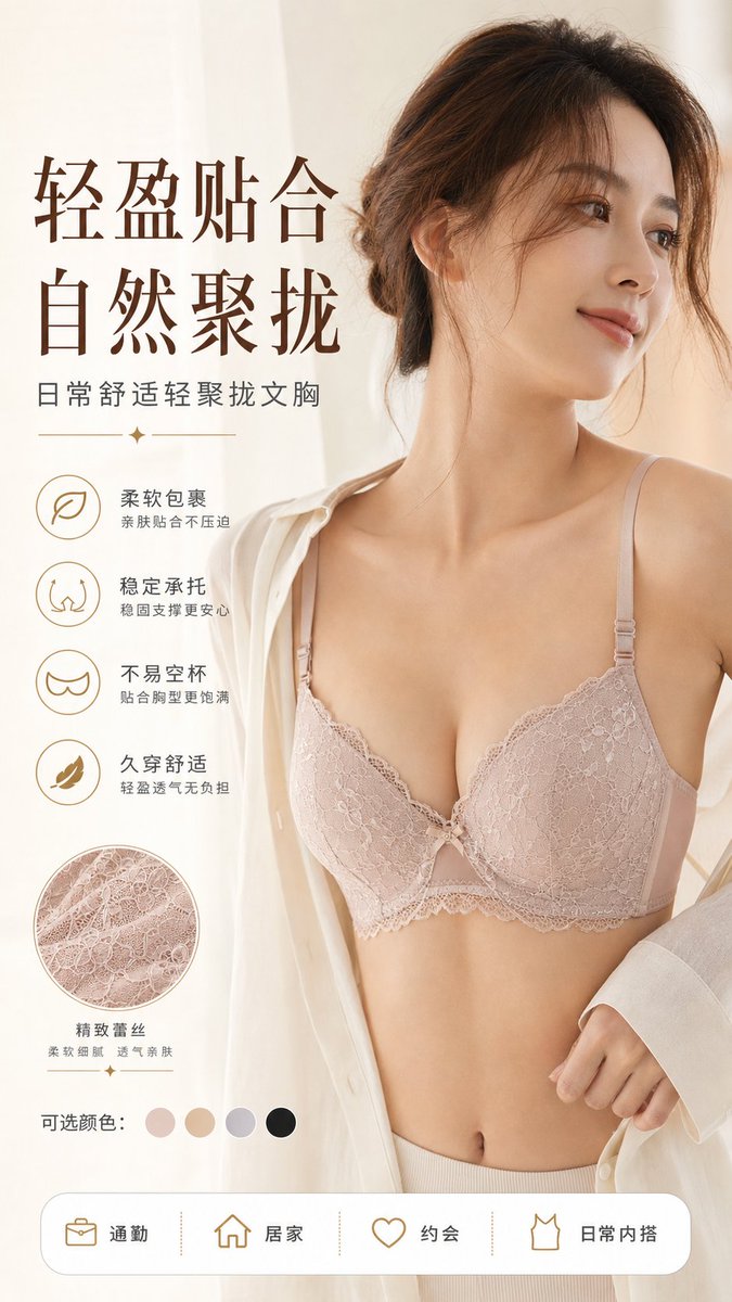 MrLarus's tweet photo. 电商设计狂喜！
🔥用ChatGPT-Image2生成《内衣电商详情页》，太实用了！

示例款轻盈贴合+自然聚拢+自然舒适，走干净日系高级感：
1、吸睛主视觉首图
2、正确穿戴4步法
3、穿法正确/错误对比
4、尺码测量 + 胸型适配建议

每一张都专业、干净、��设计感，适用于电商详情页。
（完整提示词在评论区） https://t.co/dF5c3vmsrq