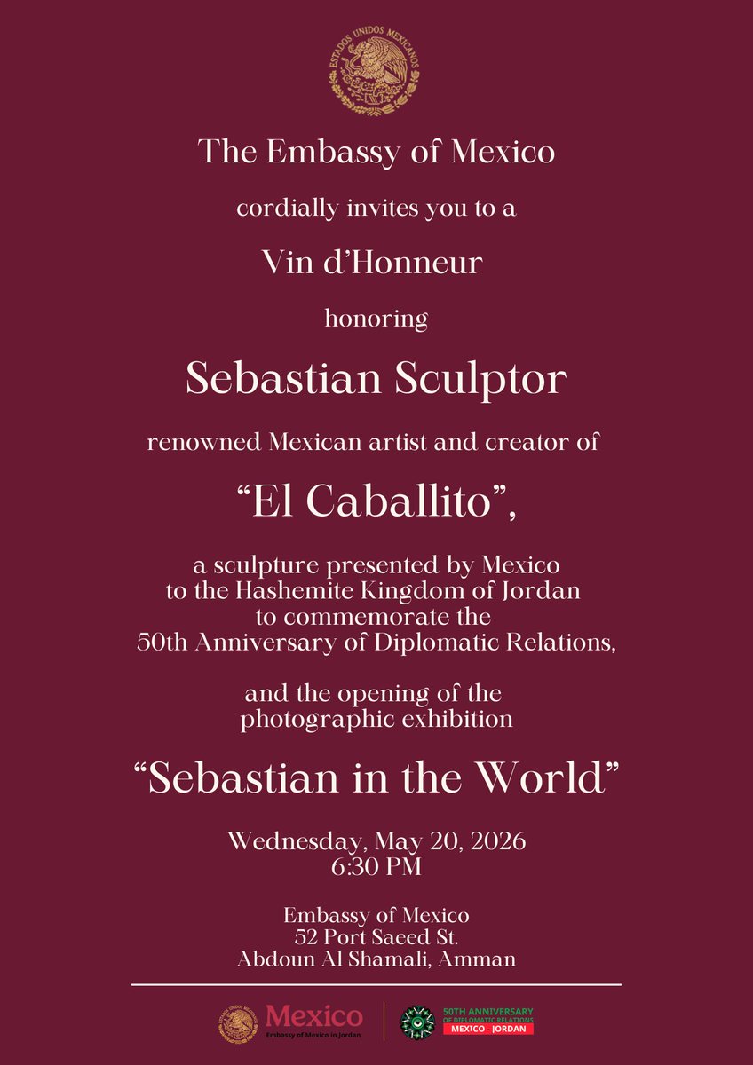 EmbaMexJor's tweet photo. Join us in honoring Sebastian, the renowned Mexican sculptor, and in the opening of the photographic exhibition “Sebastián in the World.”

🗓️ May 20
🕕 6:30 PM
📍 Embassy of Mexico https://t.co/9DpM3ULlh4