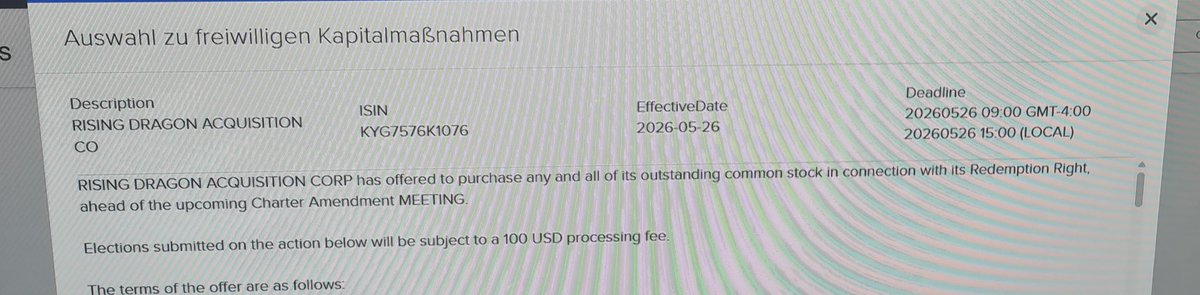 Beppels1's tweet photo. $rdac,  8 $!

You can redeem your shares till the 26 th May at 10.63 $, IBKR just sent the message! 

8 to 10.63 for some weeks,  not too shabby! 
Maybe we see another big move before the date like some weeks ago when it went 8 to 23 intraday,  very possible with the 82 k float! 

$pmax,  $gv,  $mask,  china watches