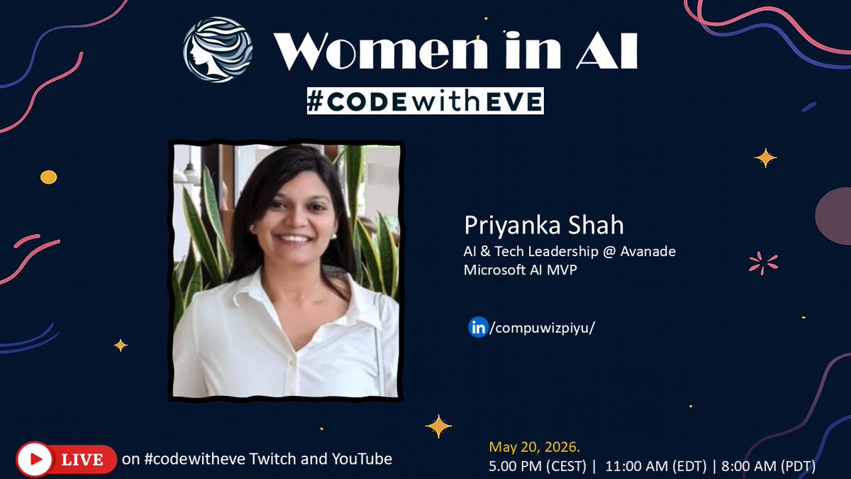EvePardi's tweet photo. Next week on🌟#WomenInAI – #CodeWithEve🌟:

A brilliant guest, @fuzzymind1, brings bold career moves, and a story you won’t forget.

If you love real talk about tech, growth, and community, join us 20th May, at 5 PM CEST💜

🎥https://t.co/i9Z2sfr9gQ

#WomenInTech #MVPBuzz https://t.co/HRt4y50LyV