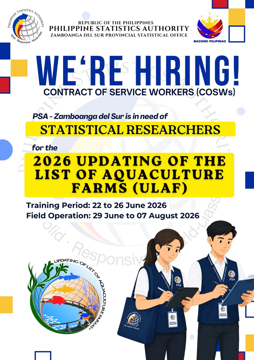 PSAZamboSur's tweet photo. 𝐍𝐎𝐓𝐈𝐂𝐄 𝐎𝐅 𝐇𝐈𝐑𝐈𝐍𝐆 – 𝐂𝐨𝐧𝐭𝐫𝐚𝐜𝐭 𝐨𝐟 𝐒𝐞𝐫𝐯𝐢𝐜𝐞 𝐖𝐨𝐫𝐤𝐞𝐫𝐬 (𝐂𝐎𝐒𝐖𝐬)

𝐒𝐓𝐀𝐓𝐈𝐒𝐓𝐈𝐂𝐀𝐋 𝐑𝐄𝐒𝐄𝐀𝐑𝐂𝐇𝐄𝐑𝐒 for the 𝟐𝟎𝟐𝟔 𝐔𝐏𝐃𝐀𝐓𝐈𝐍𝐆 𝐎𝐅 𝐓𝐇𝐄 𝐋𝐈𝐒𝐓 𝐎𝐅 𝐀𝐐𝐔𝐀𝐂𝐔𝐋𝐓𝐔��𝐄 𝐅𝐀𝐑𝐌𝐒 (𝐔𝐋𝐀𝐅) https://t.co/yFoZcfMQnm