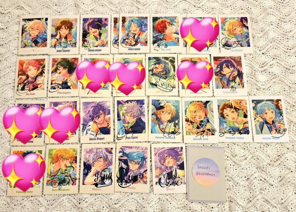 kzk430mkt's tweet photo. 【交換】あんスタ 10周年 ぱしゃっつ

譲：英智、翠、忍、奏汰2、一彩、藍良、宗、みか、ニキ、颯馬、アドニス、晃牙、友也、なずな、光、創、宙、カンナ、ライカ、ユメ

求：真、鉄虎

郵送のみ。
1点からでもお気軽にお声がけください🌷 https://t.co/dOZdNzMoWT