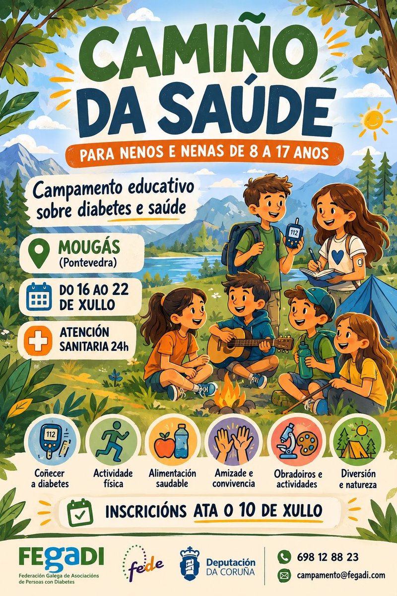 DiabetesFerrol's tweet photo. Xa está aquí a actividade máis solicitada por todos vós: o Campamento Educativo sobre diabetes e sáude para nenos e nenas que conviven coa diabetes ou calquera outra enfermidade metabólica, organizado por FEGADI
Tedes toda a información 👇 https://t.co/bjdztohGfl https://t.co/GIVssyfq1O