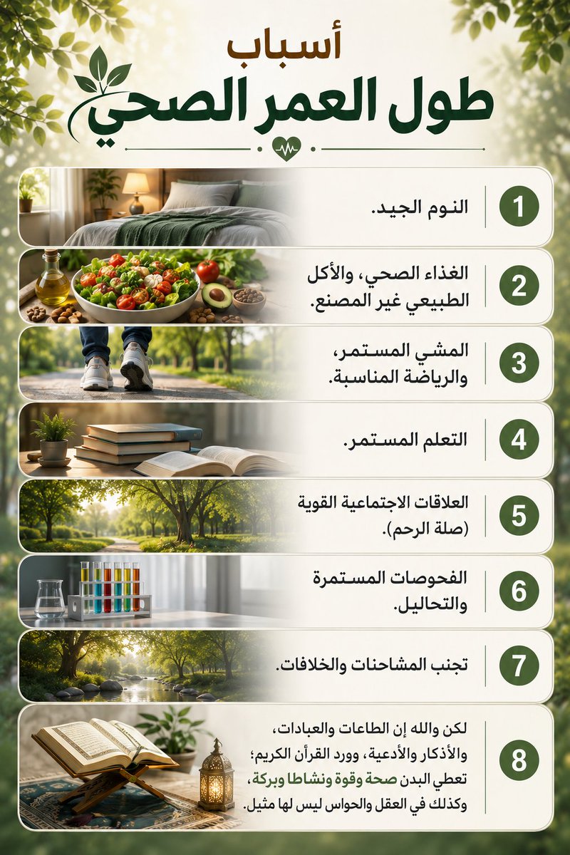 almonajjid's tweet photo. أسباب طول العمر الصحي: 
1- النوم الجيد.
2- الغذاء الصحي، والأكل الطبيعي غير المصنع.
3- المشي المستمر، والرياضة المناسبة.
4- التعلم المستمر.
5- العلاقات الاجتماعية القوية (صلة الرحم).
6- الفحوصات المستمرة والتحاليل.
7- تجنب المشاحنات والخلافات.
8- لكن والله إن الطاعات والعبادات، والأذكار والأدعية، وورد القرآن الكريم؛ تعطي البدن صحة وقوة ونشاطا وبركة، وكذلك في العقل والحواس ليس لها مثيل.