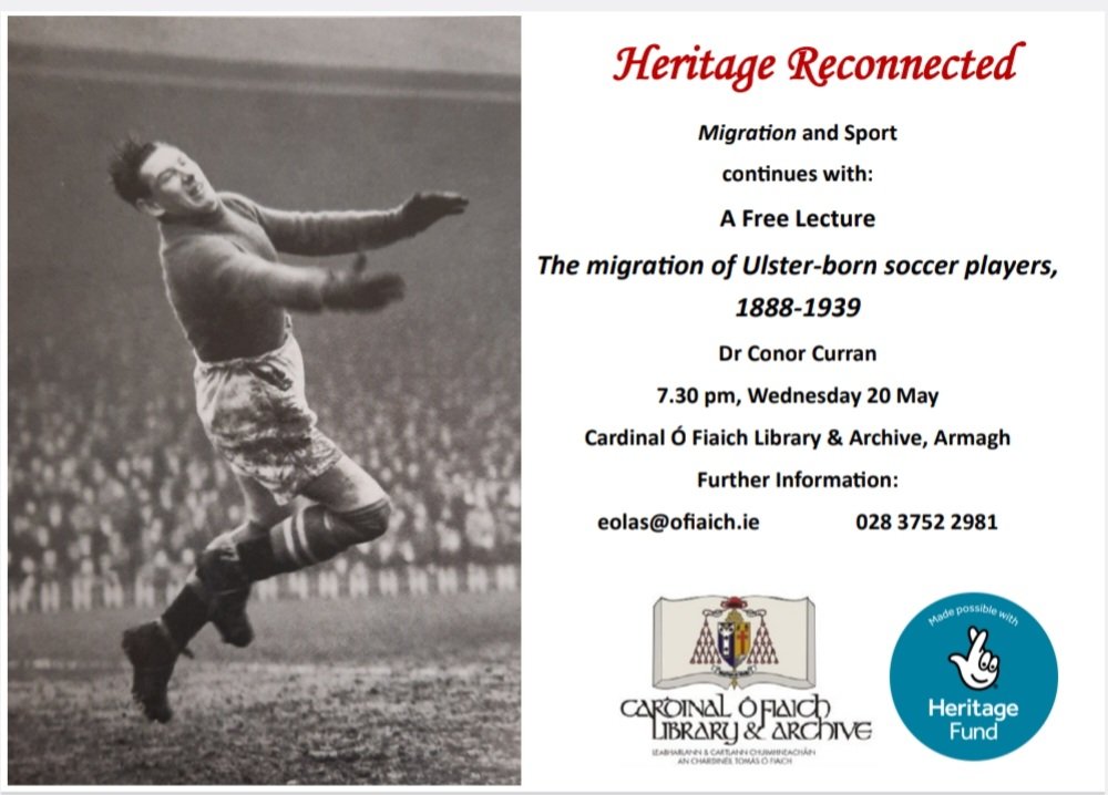 OFiaichLibrary's tweet photo. Join us next Wednesday as out free public lecture series continues with Dr Conor Curran. 7.30 pm, all welcome. @HeritageFundNI @visit_armagh  #migration #sport @rbx_fai @nifootballnews https://t.co/PioyOJi8af