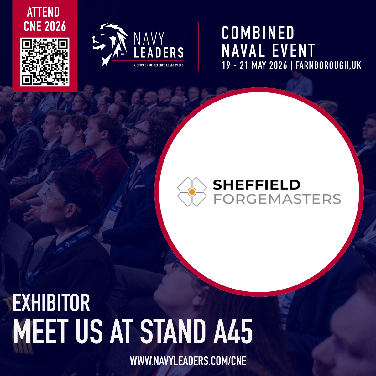ForgemastersHQ's tweet photo. Next week, Sheffield Forgemasters will exhibit at the Navy Leaders Combined Naval Event being held at Farnborough International Exhibition & Conference Centre between Tuesday 19 May and Thursday 21 May 2026. 

With over 200 exhibitors, 140+ speakers and 2,200+ international attendees, CNE brings together an audience of leading international naval personnel, businesses and attendees from over 80 nations for unrivalled peer-to-peer learning, networking and innovation discovery.

Our Head of Sales Barry Rice and Sales Manager for Global Defence Andrew Green will be on Stand A45 to discuss our #Defence capabilities. Both will be happy to chat through your casting and forging challenges and explore how Sheffield Forgemasters can support them.
 
We look forward to seeing you there!

 #CNE2026 #CNE26 #CombinedNavalEvent