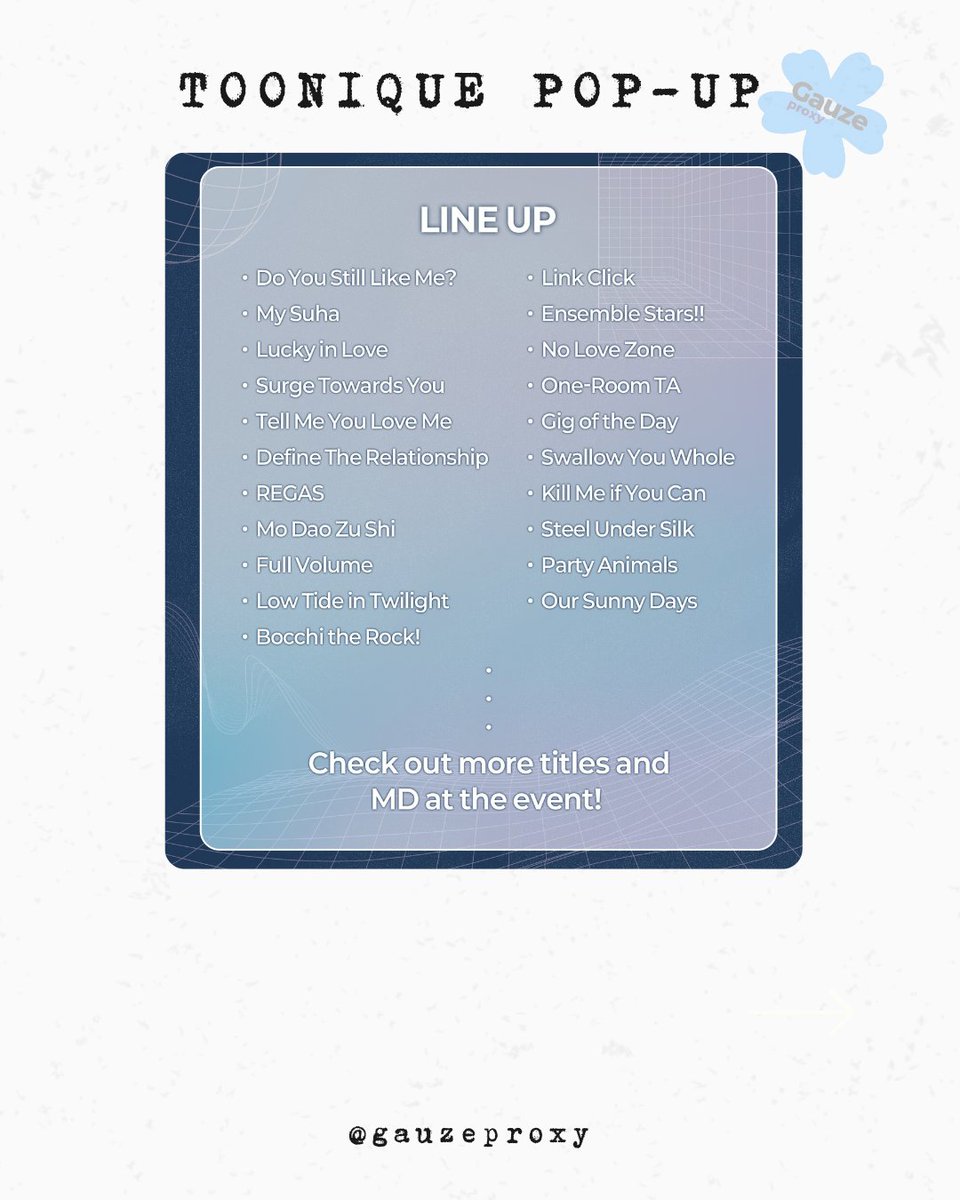 gauzeproxy's tweet photo. 「OPEN PROXY」
TOONIQUE POP-UP STORE IN PARIS 

📅 05/15 and 05/16
🛒proxy fee 3€ each item
💳 paypal ,Revolut, Wise 
📦domestic shipping , Vinted, and ww ( I can send from Japan from May 19th)

#BL #manhwa #weebtoon  #투니크 https://t.co/0zpLQewmAg