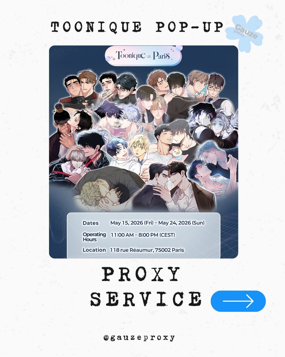 gauzeproxy's tweet photo. 「OPEN PROXY」
TOONIQUE POP-UP STORE IN PARIS 

📅 05/15 and 05/16
🛒proxy fee 3€ each item
💳 paypal ,Revolut, Wise 
📦domestic shipping , Vinted, and ww ( I can send from Japan from May 19th)

#BL #manhwa #weebtoon  #투니크 https://t.co/0zpLQewmAg