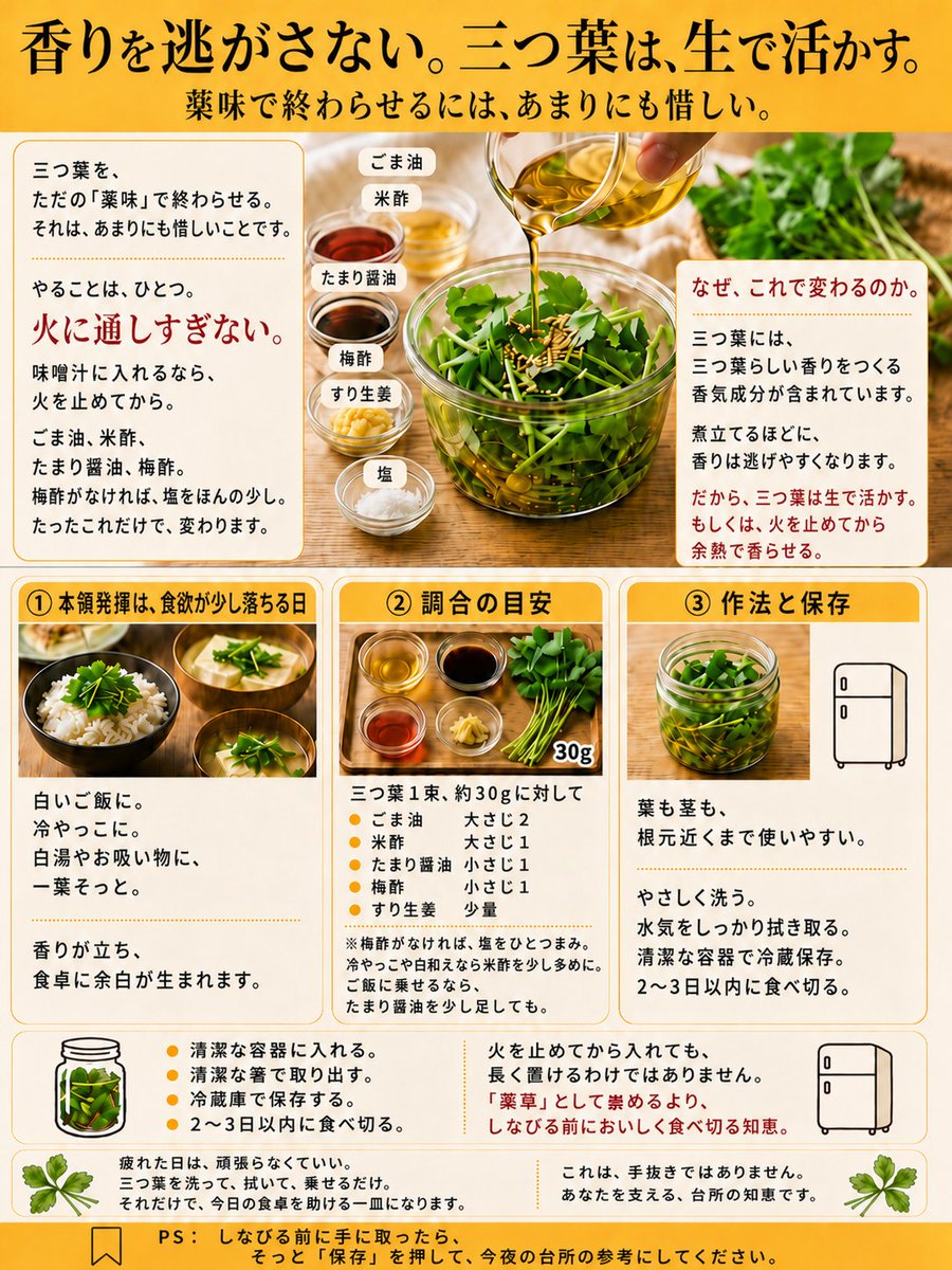 odaherbs's tweet photo. 香りを逃がさない。三つ葉は、生で活かす。

三つ葉を、ただの「薬味」で終わらせる。
それは、あまりにも惜しいことです。

刻んで散らすだけ。
お椀の上に乗せるだけ。

それで終わらせるには、
三つ葉は少し、優秀すぎます。

やることは、ひとつ。

三つ葉を、火に通しすぎない。

味噌汁に入れるなら、火を止めてから。
ごま油、米酢、たまり醤油、梅酢。
梅酢がなければ、塩をほんの少し。
たったこれだけで、変わります。

なぜ、これで変わるのか。

三つ葉には、
三つ葉らしい香りをつくる香気成分が含まれています。

煮立てるほどに、
香りはふわっと立ちのぼり、
逃げやすくなります。

だから、三つ葉は生で活かす。
もしくは、火を止めてから余熱で香らせる。

ただ乗せるだけではなく、
火を通しすぎないことで、
香りの届き方が変わります。

たとえるなら。

眠っていた香りに、
「生」という鍵をそっと差し込む感覚。

閉じ込められていた三つ葉の余韻が、
食卓の上で、静かに開かれていきます。

本領発揮は、
食欲が少し落ちる日。

気温差で体がだるいとき。
胃が重く、箸が進まないとき。
なんとなく気持ちが沈むとき。

炊きたての白いご飯に。
冷やっこに。
白湯やお吸い物に、
一葉そっと浮かべるだけでも。

香りが立ち、
ふっと食卓に余白が生まれる瞬間があります。

それは、気合いで整える���ではなく、
香りがそっと背中を押してくれるような感覚です。

薬膳では、
三つ葉のような春の香味野菜は、
季節の食卓を軽やかに整えるものとして
重宝されてきました。

調合の目安は、これです。

【材料】
三つ葉　1束、約30gに対して

ごま油　大さじ2
米酢　大さじ1
たまり醤油　小さじ1
梅酢　小さじ1
※梅酢がなければ、塩をひとつまみ
すり生姜　少量

冷やっこや白和えなら、
米酢を少し多めに。

ご飯に乗せるなら、
たまり醤油を少し足しても合います。

ただし、作法があります。

三つ葉は、葉も茎も、
根元近くまで無駄なく使いやすい野菜です。

農薬や汚れが気になる場合は、
流水でやさしく洗ってください。

根つきのものを使う場合は、
土や傷みが残っていないかを見て、
よく洗ってから使ってください。

そして、ここが大事です。

洗ったあとは、
キッチンペーパーで水気をしっかり拭き取る。

水気が残ると、
味がぼやけるだけでなく、
傷みやすくなります。

清潔な容器に入��る。
清潔な箸で取り出す。
冷蔵庫で保存する。
そして、2〜3日以内に食べ切る。

火を止めてから入れたからといって、
長く置けるわけではありません。

「薬草」として崇めるより、
しなびる前においしく食べ切る知恵���

そう考えるのが、ちょうどいいです。

疲れた日は、頑張らなくていい。

三つ葉を洗って、拭いて、乗せるだけ。
それだけで、今日の食卓を助ける一皿になります。

これは、手抜きではありません。
あなたを支える、台所の知恵です。

PS：
スーパーでしなびる前に手に取ったら。
そっと「保存」を押して、
今夜の台所の参考にしてください。