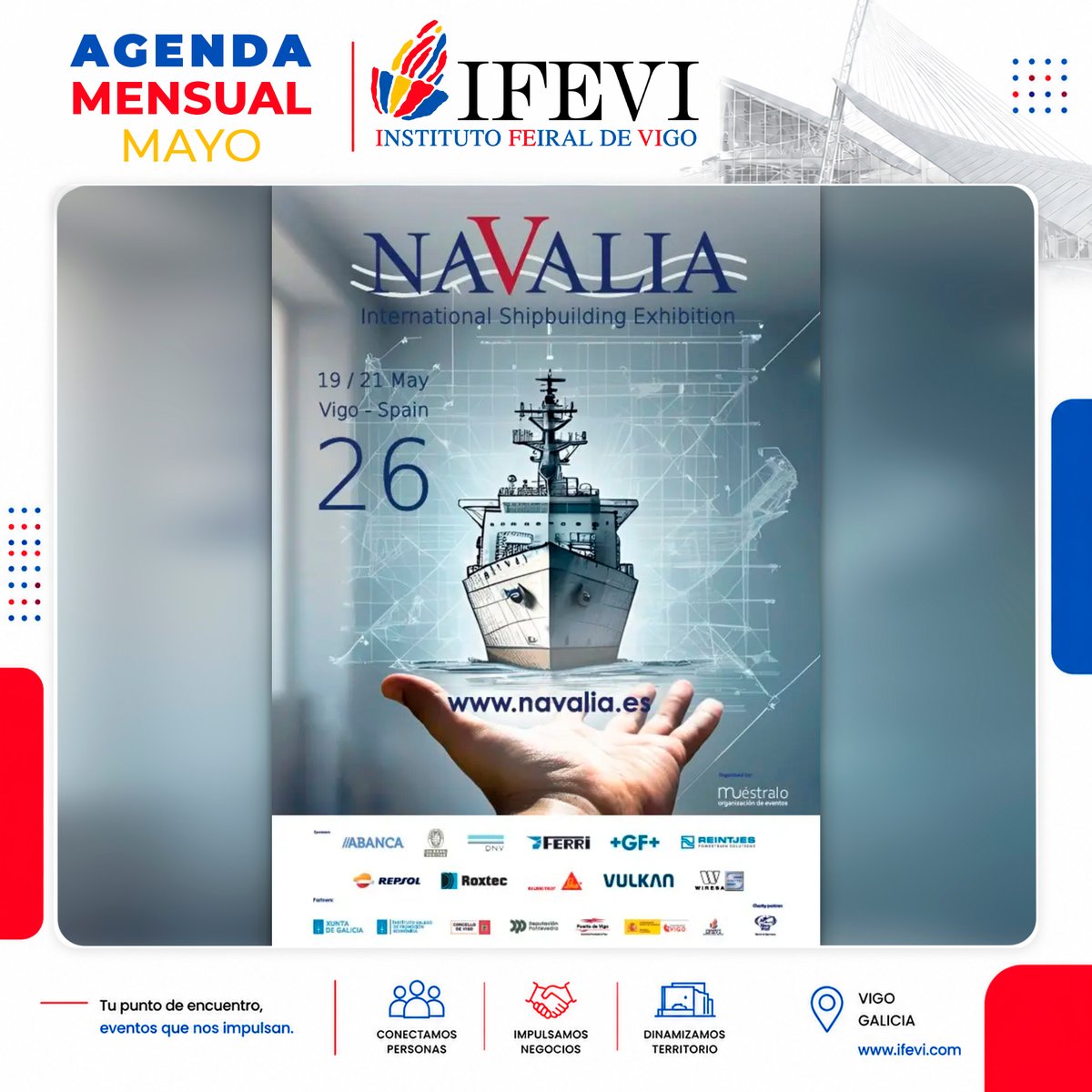 Ifevi's tweet photo. 📅MAYO en IFEVI:

⚓🚢 NAVALIA 2026
📅 19·20·21 mayo
La gran feria internacional de la industria naval vuelve a Vigo 🌍⚙️

🚐🌊 SALÓN ATLÁNTICO DEL CARAVANING
📅 28·29·30·31 mayo
Autocaravanas, campers, aventura y libertad sobre ruedas 

🌐 Más info en https://t.co/sQOSttxYlj https://t.co/tSjhxvjWXO