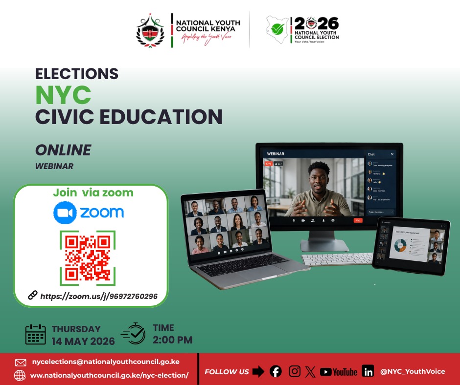NYC_YouthVoice's tweet photo. At 2pm, tunaendelea Civic Education in regards to the upcoming National Youth Council Elections 2026.

Which questions do you have? Tupatane Zoom.

Meeting Link: https://t.co/Gm5jY9KvnP

14th May 2026
📌 2PM - 3PM

#NYCElections2026 #NYCAmplifyingYouthVoice https://t.co/UqI1dtSX5j