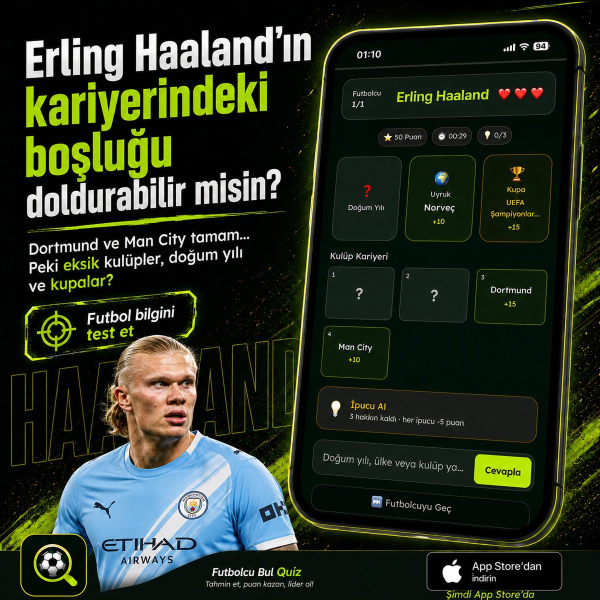 morpheus_appp's tweet photo. Haaland’ın kariyerini gerçekten ne kadar biliyorsun? 👀

Dortmund ve Man City kolay…
Peki eksik kulüpler ve doğum yılı ?
Futbolcu Bul Quiz’de her gün yeni futbolcularla bilgini test et.
Tahmin et, puan kazan, lider ol! ⚽🔥 https://t.co/iqx68ptBW6