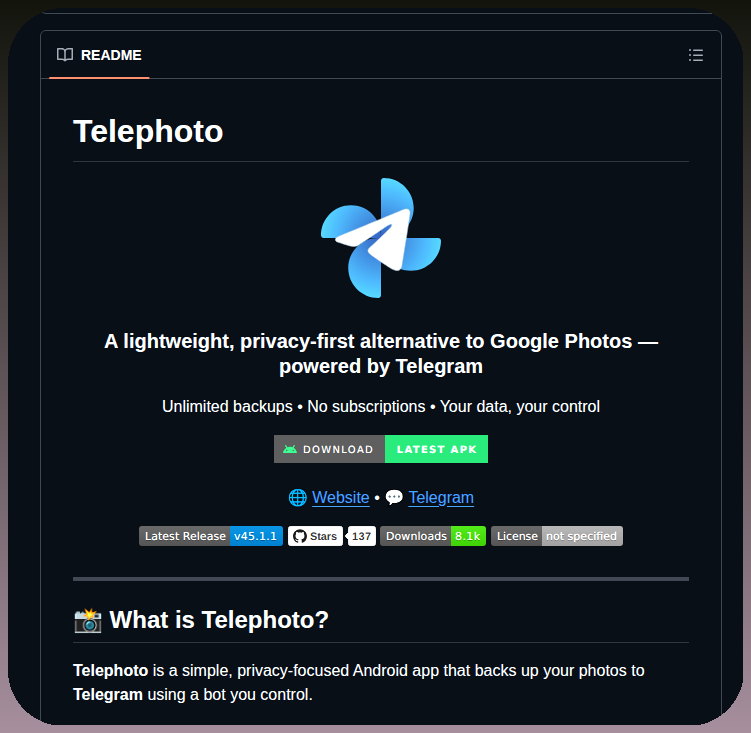 tom_doerr's tweet photo. Backs up photos to Telegram with unlimited storage

https://t.co/PkP6hJ6eq6 https://t.co/sfmehJ6Y7W
