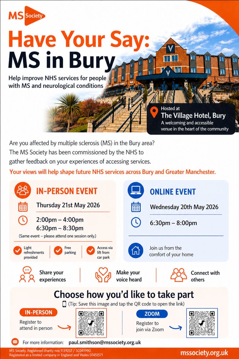 PositiveAboutMS's tweet photo. Looking forward to the event we are involved in next week at the @Village_Hotels in Bury.

Still time to register your place.

If you have multiple sclerosis, we would love to see you there and get your input into how we can improve MS services in Bury.

https://t.co/FkweDg6Bal https://t.co/kPx8vVVl4W