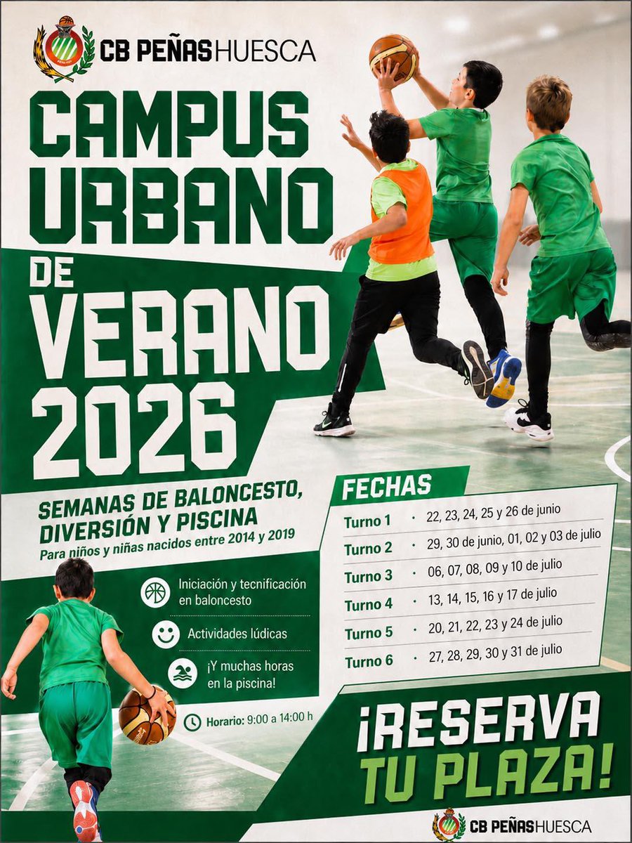 CBPHuesca's tweet photo. 🏀☀️¡CAMPUS DE VERANO 2026!☀️🏀

Un campus urbano pensado para niños y niñas entre 2014 y 2019.

📅Fechas: Del 22 de junio al 31 de julio
⏰Horario: Lunes a Viernes de 9:00h a 14:00h

👉 https://t.co/rD7l1zonRW

📢¡Plazas limitadas!
🔗¡INSCRIBETE ya y vive un verano diferente!🏀 https://t.co/6DN7G7GOdV