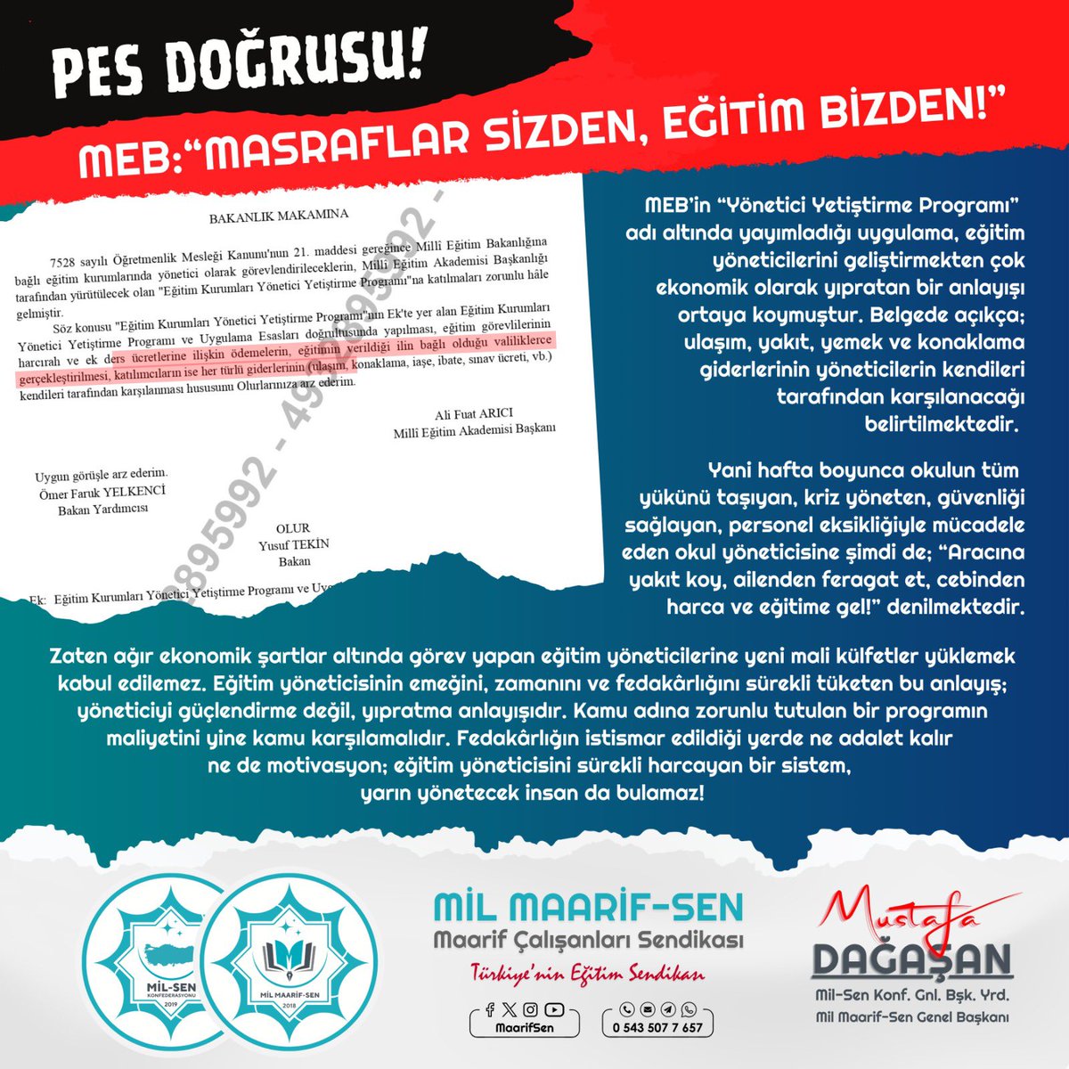 msmdgsn's tweet photo. MEB: “MASRAFLAR SİZDEN, EĞİTİM BİZDEN”

 PES DOĞRUSU!

Millî Eğitim Bakanlığı’nın “Yönetici Yetiştirme Programı” adı altında yayımladığı uygulama, eğitim yöneticilerini geliştirmekten çok ekonomik olarak yıpratan bir anlayışın belgesine dönüşmüştür.

Çünkü Bakanlık açıkça şunu söylemektedir:
“Yakıtı siz karşılayın…
Yolu siz ödeyin…
Yemeği siz alın…
Gerekirse konaklamayı da…
Ama eğitime mutlaka gelin!”

Yani hafta boyunca okulun tüm yükünü taşıyan, kriz yöneten, güvenliği sağlayan, personel eksikliğiyle mücadele eden okul yöneticisine şimdi bir de ekonomik yük dayatılmaktadır.

İlçede görev yapan bir okul yöneticisi düşünün…

Sabah okulun kapısını açacak…
Gün boyunca öğretmenin sorunuyla uğraşacak…
Velinin baskısını yönetecek…
Kavgayı ayıracak…
Disiplini sağlayacak…
Eksik personelin yükünü taşıyacak…
Akşam herkes gittikten sonra okuldan en son çıkacak…

Yetmeyecek…

Hafta sonu kendi aracıyla il merkezine gidip kilometrelerce yol yapacak…
Depoyu kendi maaşıyla dolduracak…
Yemeğini cebinden ödeyecek…
Belki konaklamasını bile kendi imkânıyla karşılayacak…

Ve bütün bunların adına da vicdansızca  “mesleki gelişim” denilecek!

Akaryakıt fiyatlarının geldiği nokta ortadayken, maaşların enflasyon karşısında eridiği, eğitim çalışanlarının ekonomik olarak nefes almakta zorlandığı bir dönemde; eğitim yöneticilerine yeni mali külfetler yüklemek vicdanla bağdaşmamaktadır. Kamu adına zorunlu tutulan bir programın maliyetini yine kamu karşılamalıdır!

Eğitim yöneticisinin emeğini, zamanını, aile hayatını ve fedakârlığını sürekli tüketen bu anlayış; yöneticiyi güçlendirme değil, açıkça yıpratma anlayışıdır. Fedakârlığın istismar edildiği yerde ne adalet kalır ne motivasyon… 

Eğitim yöneticisini sürekli harcayan bir sistem, yarın yönetecek insan da bulamaz!

#MilSen #MaarifSen #MustafaDağaşan #EğitimYöneticisi #MEB

@Yusuf__Tekin @farukyelkenci @cftcblnt @tcmeb @afarici @mucahit2929 @milsenofficial @maarifsen