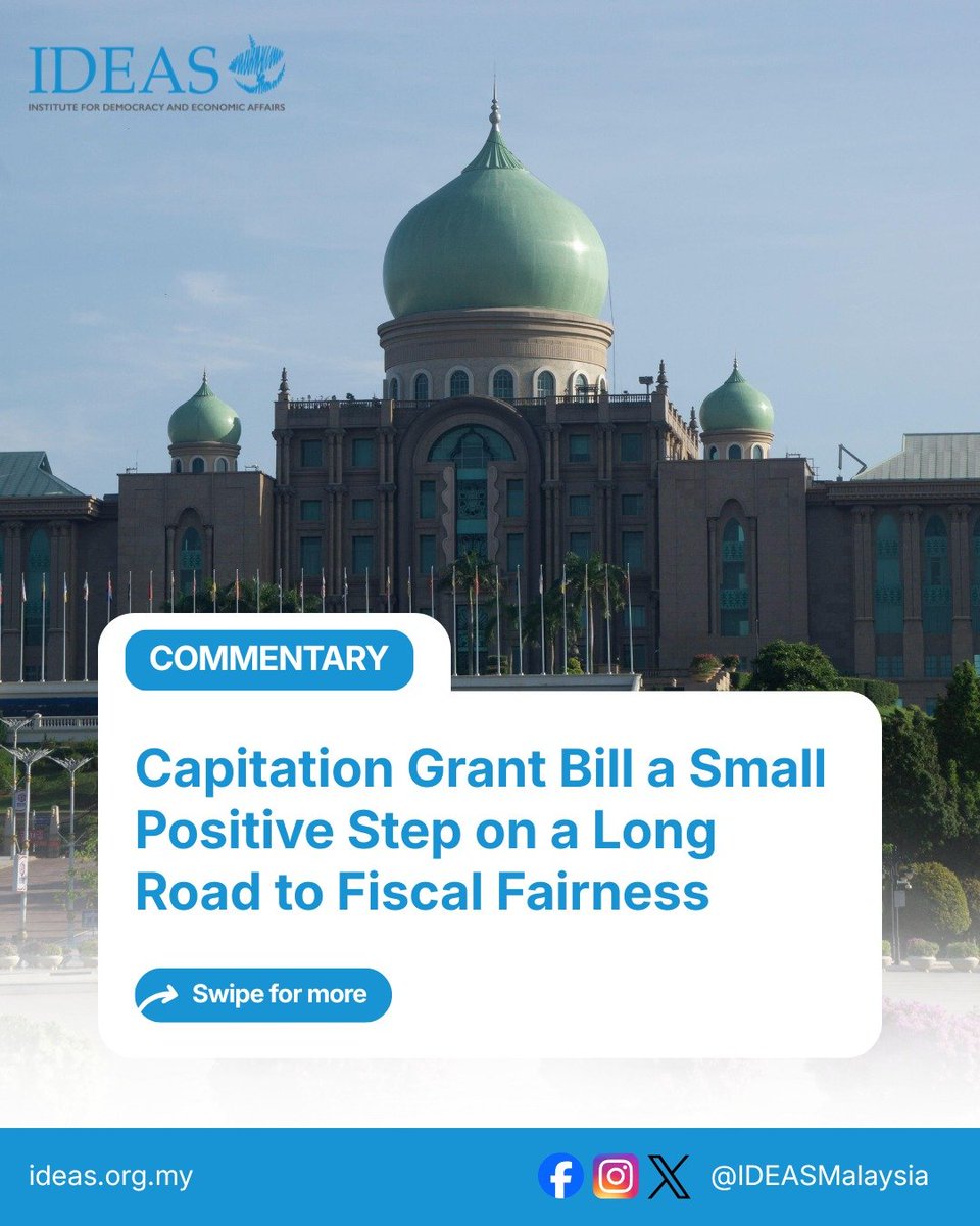 IDEASMalaysia's tweet photo. After nearly 25 years, Malaysia has updated its capitation grant formula but is it enough?

While the reform is a welcome step, it does not go far enough to address deeper structural imbalances in our fiscal federalism framework. States continue to face declining real allocations and limited fiscal autonomy.

In this latest piece, our Research Director, Dr Stewart Nixon, and Research Manager, Nor Nazirah Mohamed, unpack what the reform gets right and where more needs to be done.

Read the full article here: https://t.co/mp2Liwq6FW