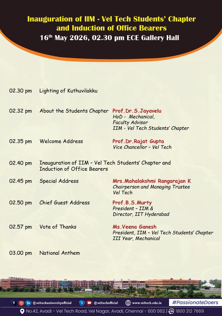 VelTech_Mech's tweet photo. DEPARTMENT OF MECHANICAL ENGINEERING
Cordially Invites you for the Inauguration of
Indian Institute of Metals - Vel Tech Students' Chapter
Prof. B. S. Murty, President - Indian Institute of Metals and Director, IIT Hyderabad,
#veltechuniversity
#veltech
#iitmadras https://t.co/Yzwl0aQs6y
