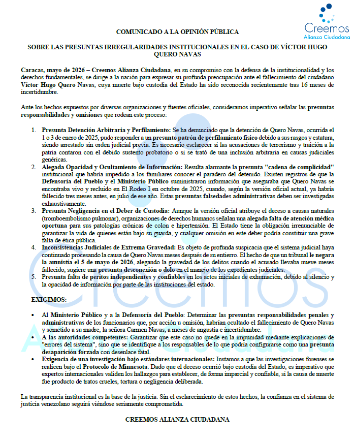 CreemosInforma's tweet photo. La transparencia institucional es la base de la justicia. Sin el esclarecimiento de estos hechos, la confianza en el sistema de justicia venezolano seguirá viéndose seriamente comprometida.

#Justicia #DerechosHumanos #LibertadParaTodosLosPresosPoliticos #NiUnMuertoMas #Venezuela https://t.co/tYxZ9kmDWj