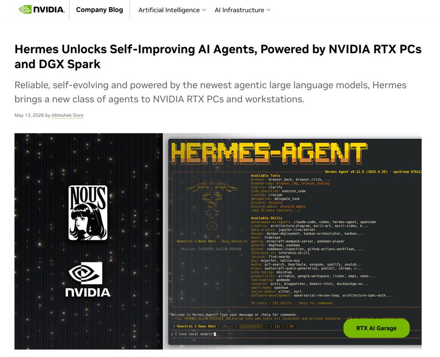 WesRoth's tweet photo. Nous Research’s Hermes Agent now runs natively on NVIDIA RTX PCs and DGX Spark, bringing always-on local AI agents to personal and workstation hardware https://t.co/z6WPZ4OWpJ