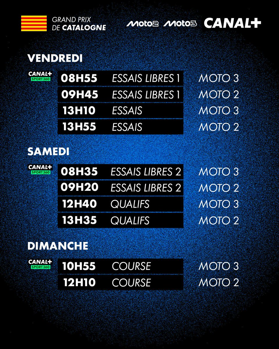 CanalplusMotoGP's tweet photo. Le programme de votre week-end #MotoGP à Barcelone 😍☀️ #MotoGP #CatalanGP https://t.co/DurP1J7Q0o