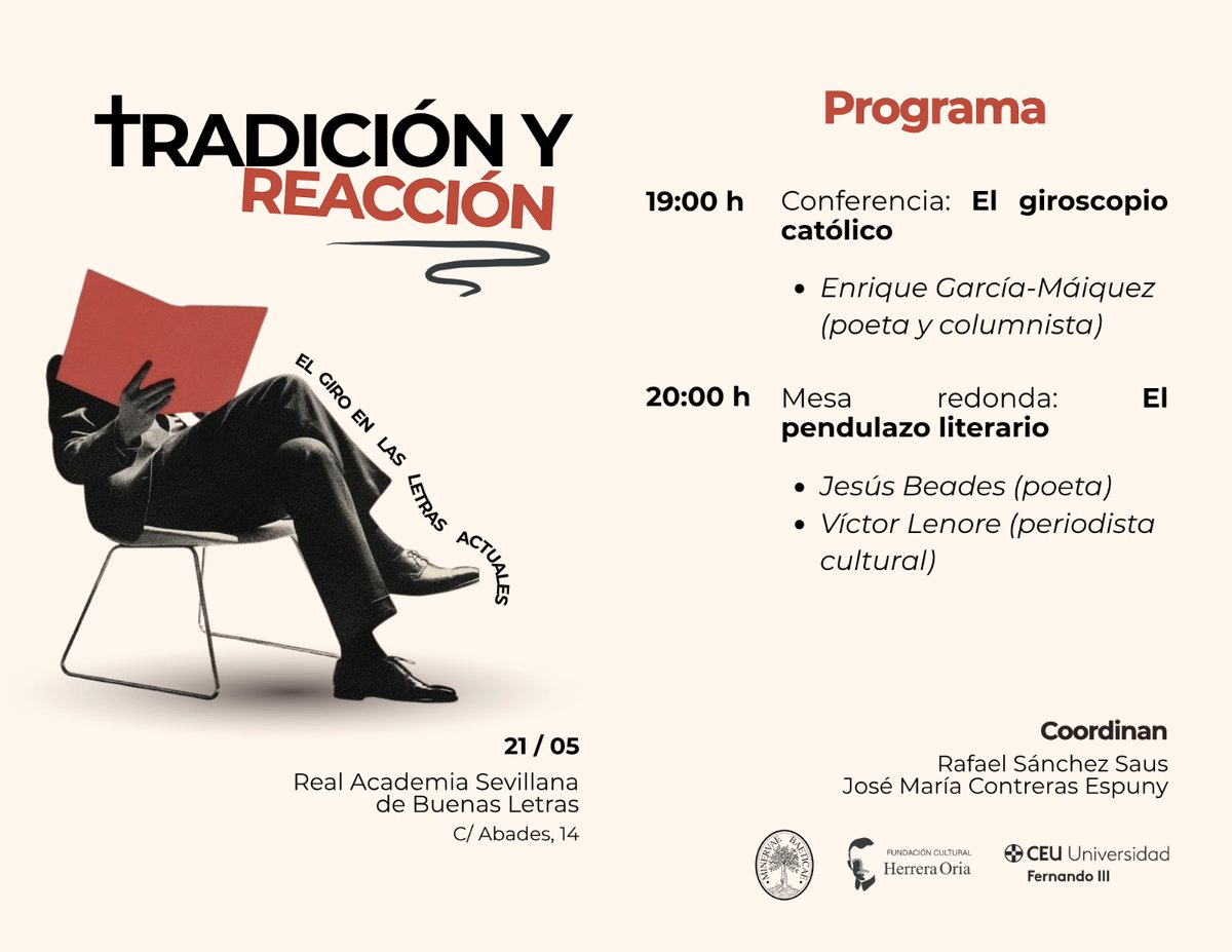 JMContrerasE's tweet photo. El jueves que viene, 21 de mayo, en la Real Academia Sevillana de Buenas Letras. Con
@EGMaiquez 
@lorodelospirata 
Y @Lenore1789 

Entrada libre https://t.co/cXIQUYlGgo