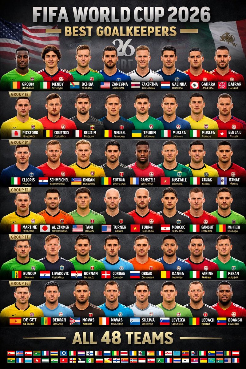 FIFAWorld6Live's tweet photo. FIFA World Cup 2026 All 48 Teams Best Goalkeepers lineup

#FIFAWorldCup2026 #WorldCup2026 #FIFA2026 #BestGoalkeepers #TopGoalkeepers #GoalkeeperLineup #WorldCupGK #FootballGoalkeepers #SoccerGoalkeepers #All48Teams #48Teams #WorldCupLineup #FootballEdit #FootballGraphics https://t.co/FGiVGbyQYV