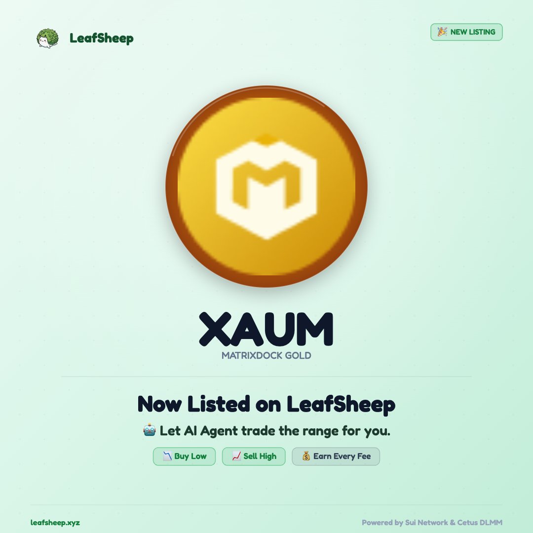 leafsheepfi's tweet photo. $XAUM is now live on LeafSheep 🎉

While you sleep, your AI Agent is:
🤖 Rebalancing your position
📉 Buying the dip
📈 Selling the peak
💰 Collecting every fee

Passive DeFi income on #Sui — finally easy.

👇
https://t.co/0Jc57RU9Tl

#RWA #Gold #DeFi #Sui @matrixdock https://t.co/Fj6BIsmI9O