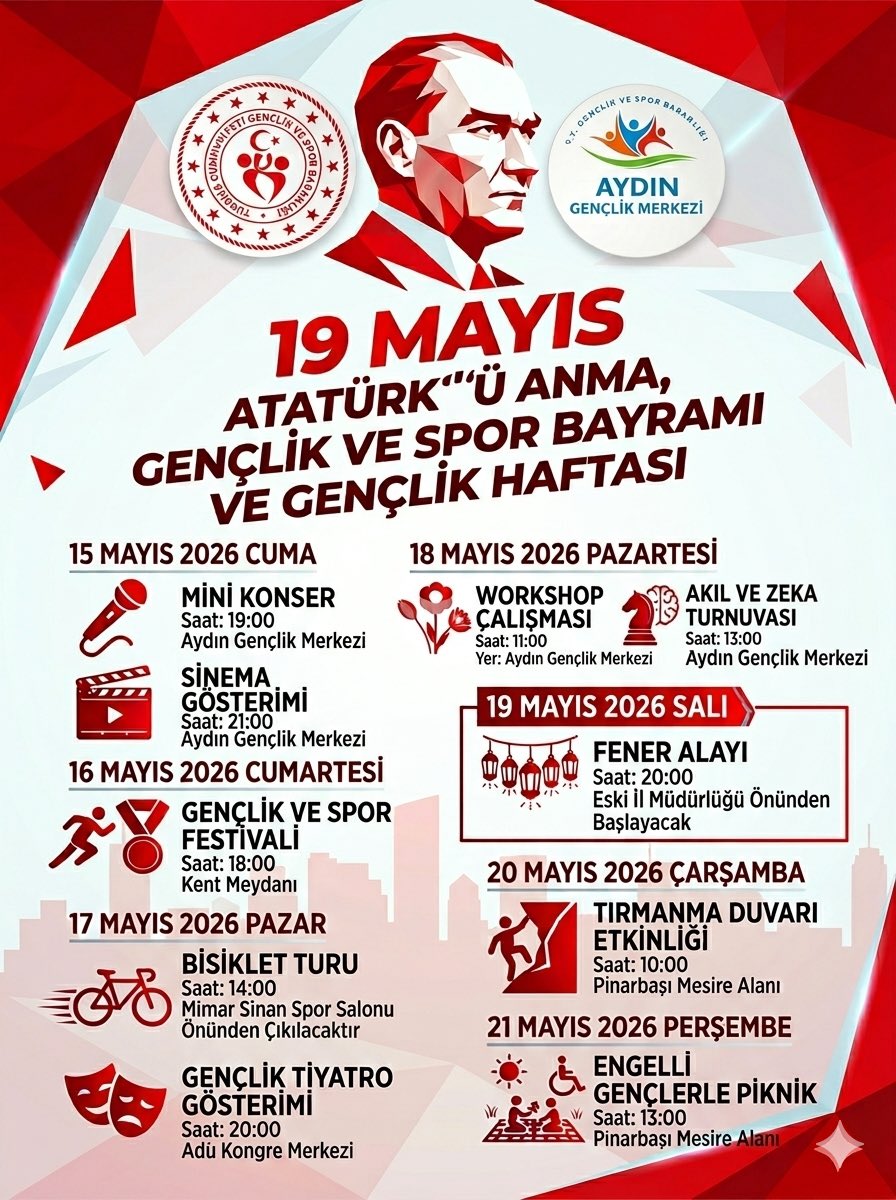 GSB_AydinGM's tweet photo. 🇹🇷 19 Mayıs Gençlik Haftası coşkusunu birlikte yaşıyoruz!
Konser, tiyatro, bisiklet turu, spor etkinlikleri ve daha fazlası 15-21 Mayıs’ta Aydın Gençlik Merkezi’nde sizleri bekliyor. 🎉

📍Detaylar afişte
#19Mayıs #GençlikHaftası #AydınGençlikMerkezi https://t.co/Yy5fTlhU9r