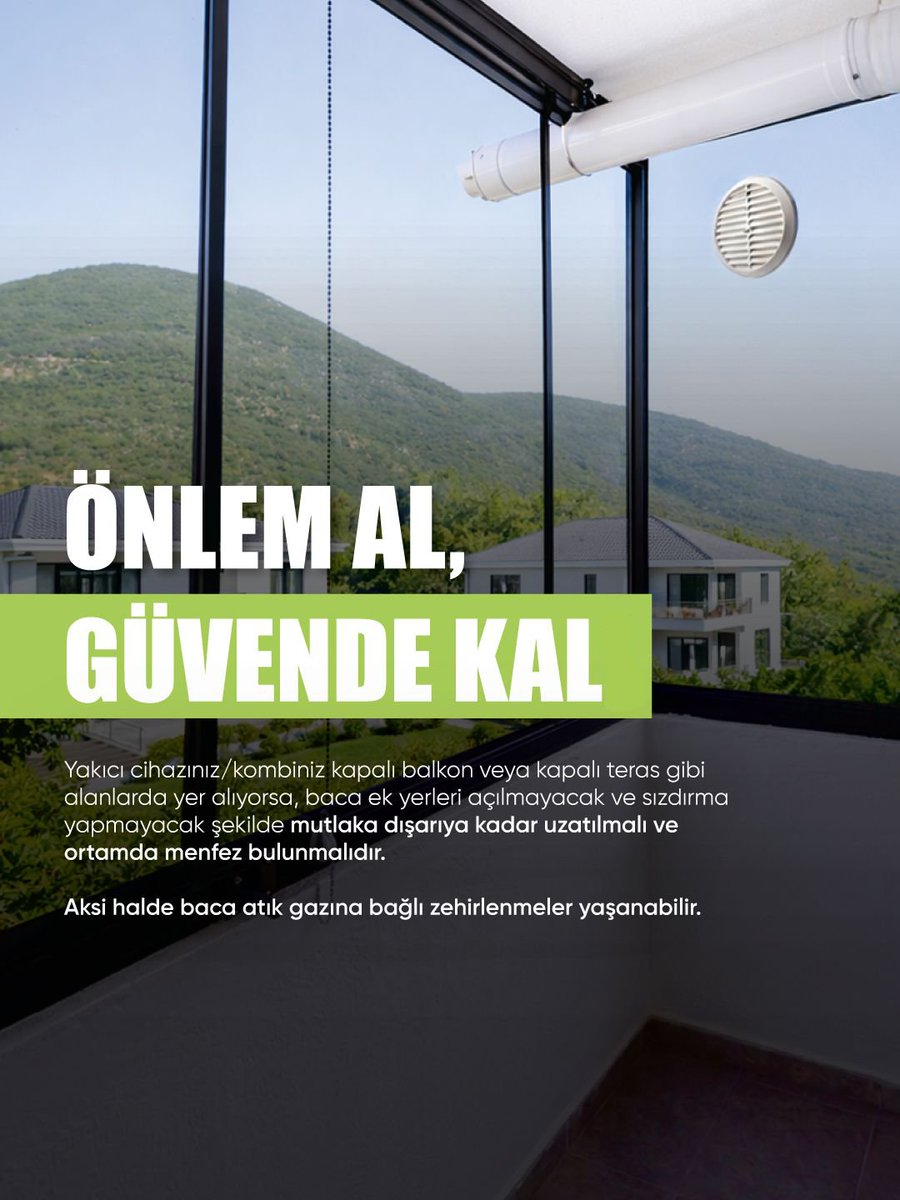 Aksa_Van's tweet photo. Yakıcı cihazınız/kombiniz kapalı balkon veya kapalı teras gibi alanlarda yer alıyorsa, baca ek yerleri açılmayacak ve sızdırma yapmayacak şekilde mutlaka dışarıya kadar uzatılmalı ve ortamda menfez bulunmalıdır. Aksi halde baca atık gazına bağlı zehirlenmeler yaşanabilir. https://t.co/FBiBqurTyc
