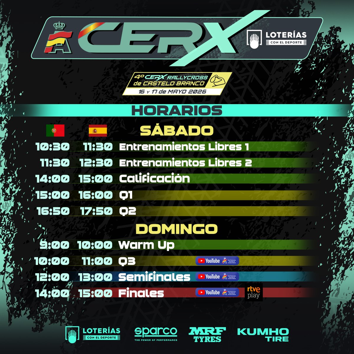 CERX_RFEDA's tweet photo. ⏰ HORARIOS ⏰

No te pierdas las batallas de los #RallycrossWarriors en Castelo Branco ⚔️🚀 

¡La @escuderiacb te espera en el Circuito do Lanço Grande! 🙌

Y el domingo, en directo 🔴 en https://t.co/ihJi5rUtOE y las Finales en @rtveplay 📺

#CERXLoterías #CERX #Rallycross https://t.co/LmoolgZkwt