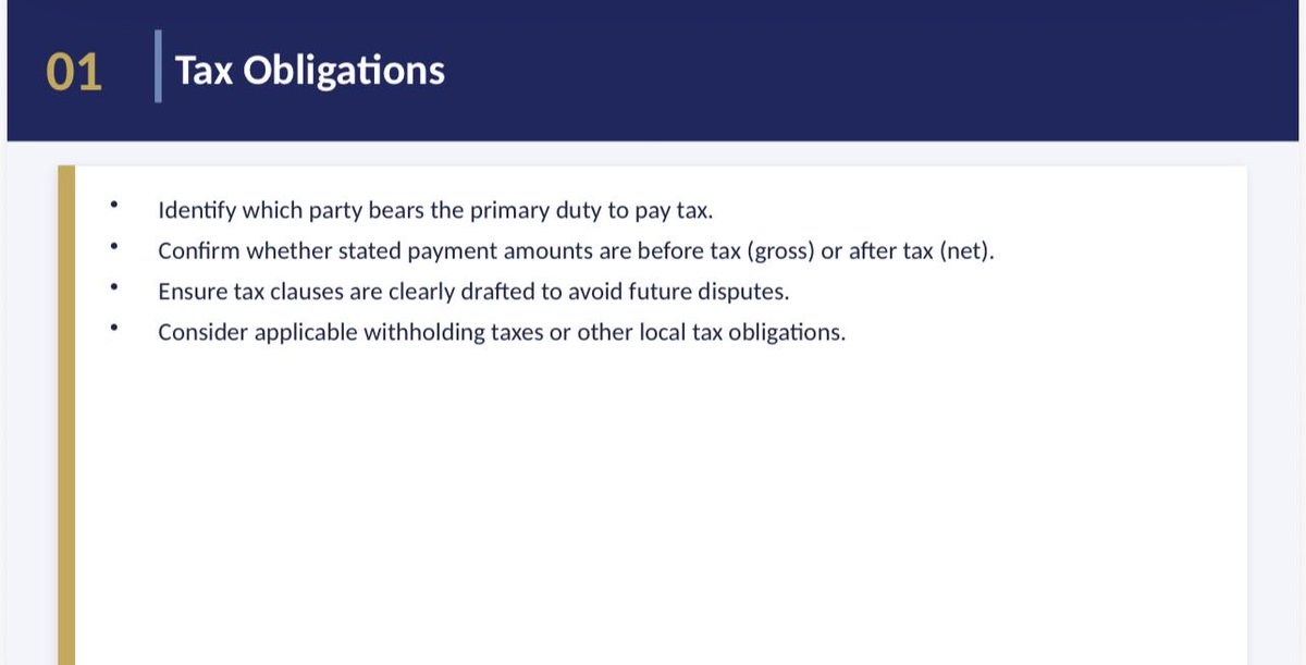 arellmii's tweet photo. Checking Operational Elements in Agreement:

https://t.co/nHejLwRpFw observe tax obligations.
For example, the duty to pay tax primarily relies on which party, or to check whether the payment amount is before or after tax. https://t.co/QbmY33Vne3