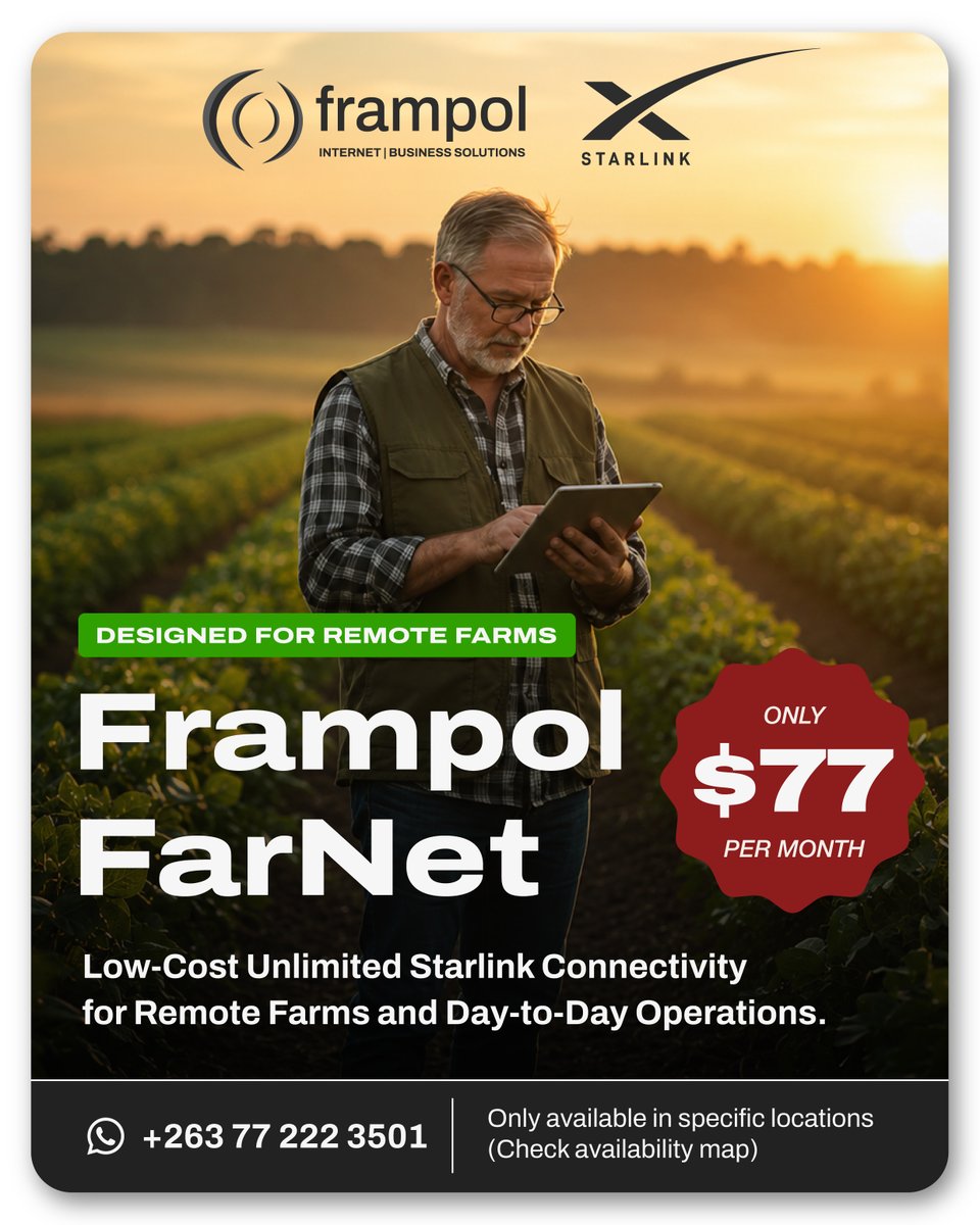 FrampolTech's tweet photo. Frampol FarNet is designed for remote farms, bringing uncapped, affordable Starlink connectivity to support day-to-day operations where traditional options may fall short.

Contact Frampol today.
WhatsApp: +263 77 222 3501

Check availability in your area.
https://t.co/1ccALYSEvD https://t.co/7LsNt5UiBR